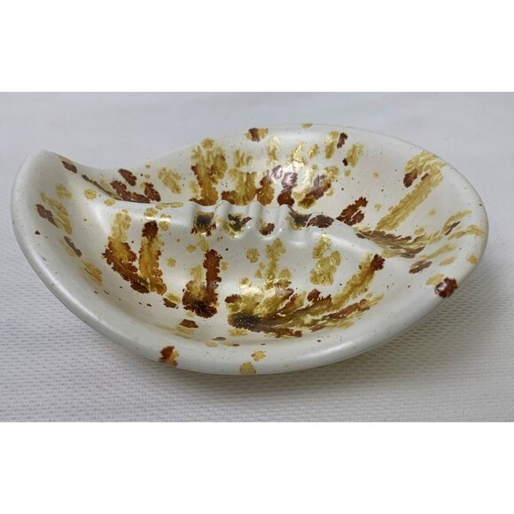 Vintage Handcrafted Ceramic Ashtray Splatter Glaze Brown Gold Earthy 4 Notches - Picture 4 of 15